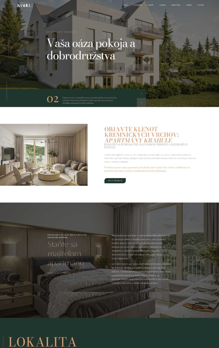 Webová stránka na mieru pre developerský pprojekt Krahule Apartmány, webdizajn pre developerský projekt, interaktívna webová stránka, branding pre developerský projekt a investičné nehnuteľnosti, logo na mieru