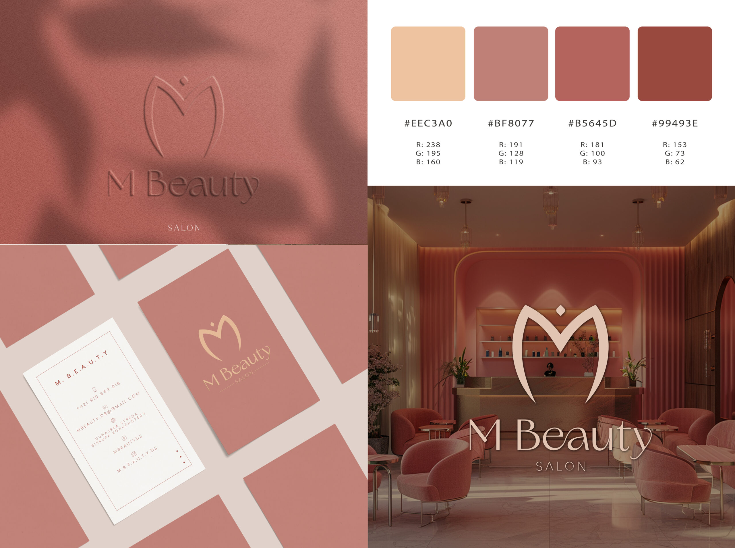 Logo dizajn pre kadernícky salón M Beauty, logo na mieru, branding, farebná paleta