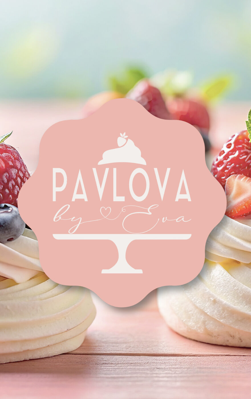 Logo na mieru pre cukráreň Pavlova by Eva, packaging, návrh produktového dizajnu, logo dizajn, branding, firemná identita, brand manuál, firemný dizajn