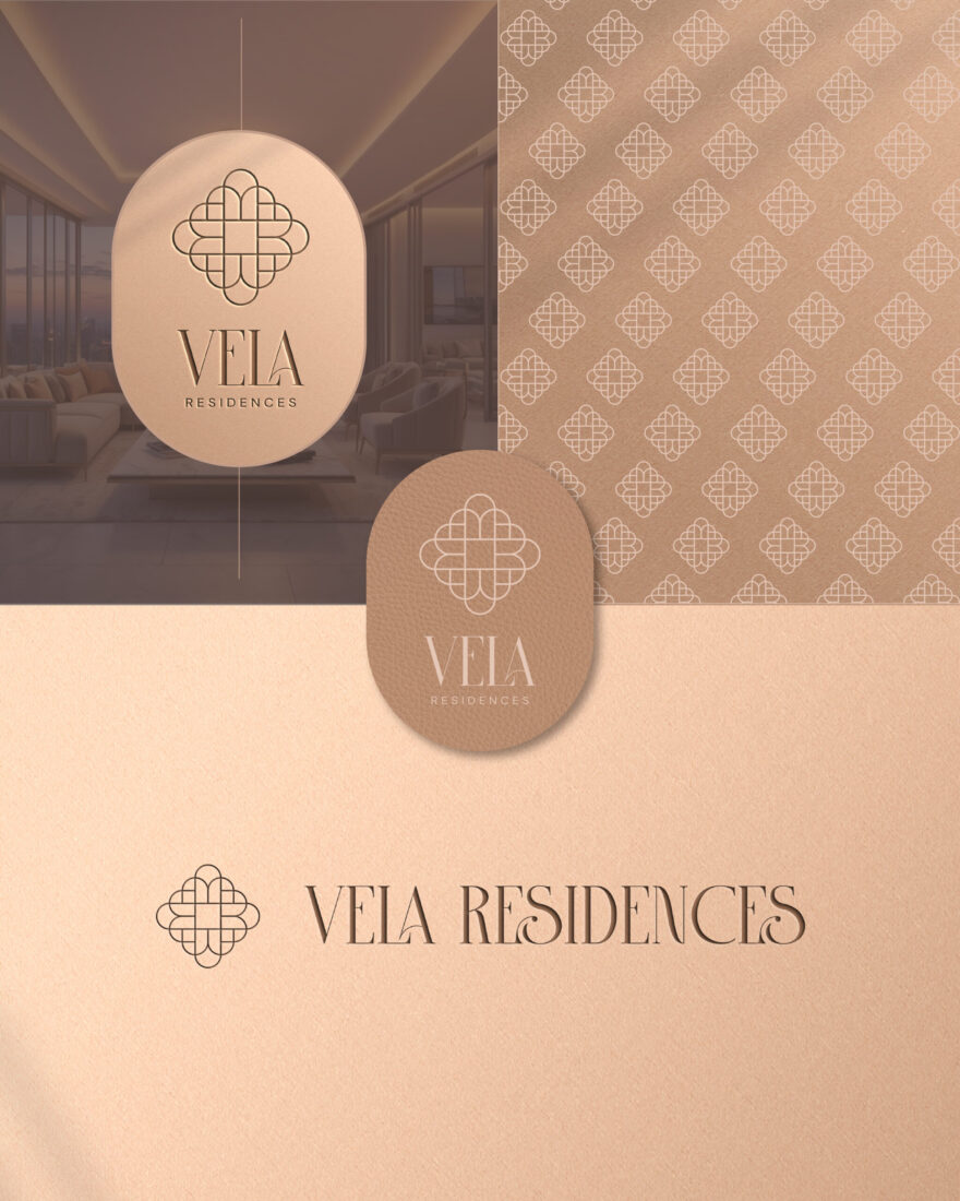 VELA Residences, logo a branding na mieru pre developerský projekt v Dubaji, dizajn loga a firemná identita, logo pre developerskú firmu