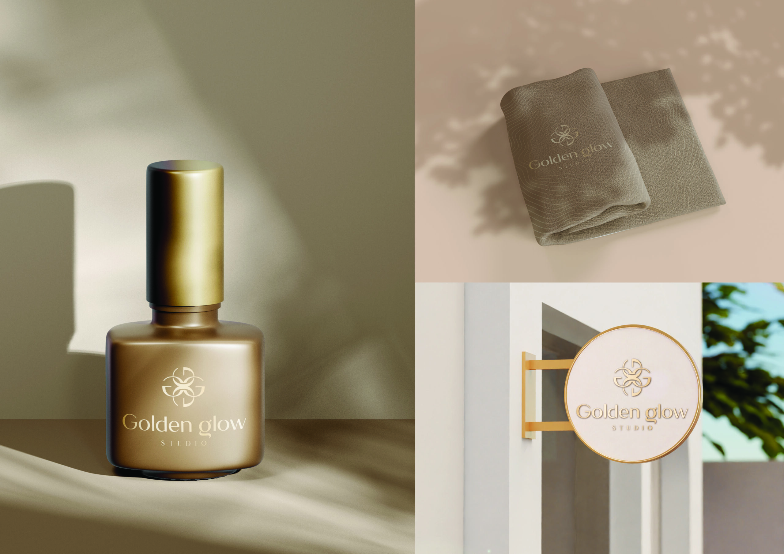 Mockup pre salón Golden Glow Studio, lak na nechty, uterák, značka na dverách, branding pre salón, ucelený ddizajn a grafika