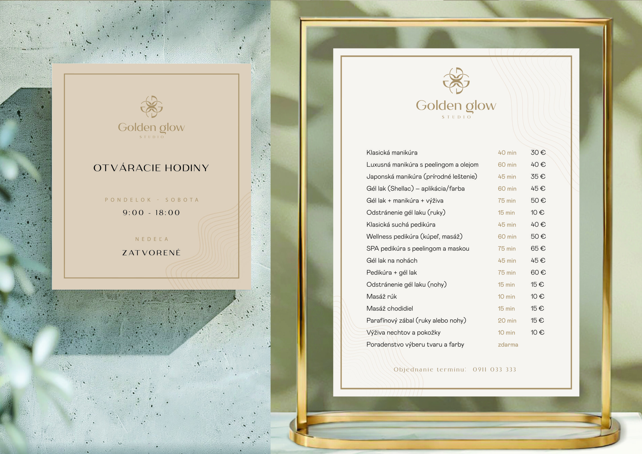Cenník na mieru pre salón Golden Glow Studio, editovateľný v Canve, grafika pre cenník