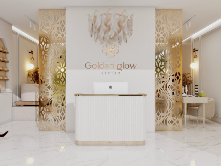 Branding pre Golden Glow Studio, logo na mieru, firemná identita na mieru, grafický dizajn, 3d vizualizácia interiéru